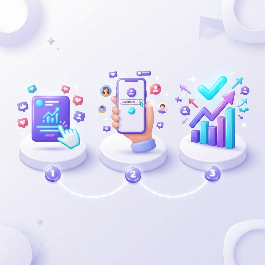 Infographic showing SweetFollow's three-step ordering process from choosing a service to watching growth rise