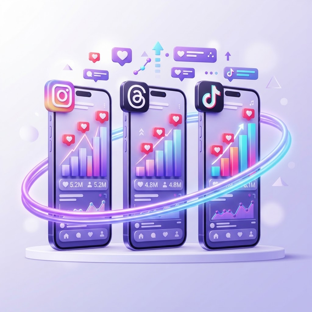 Infographic of three phones showing Instagram, Threads, and TikTok growth with rising engagement