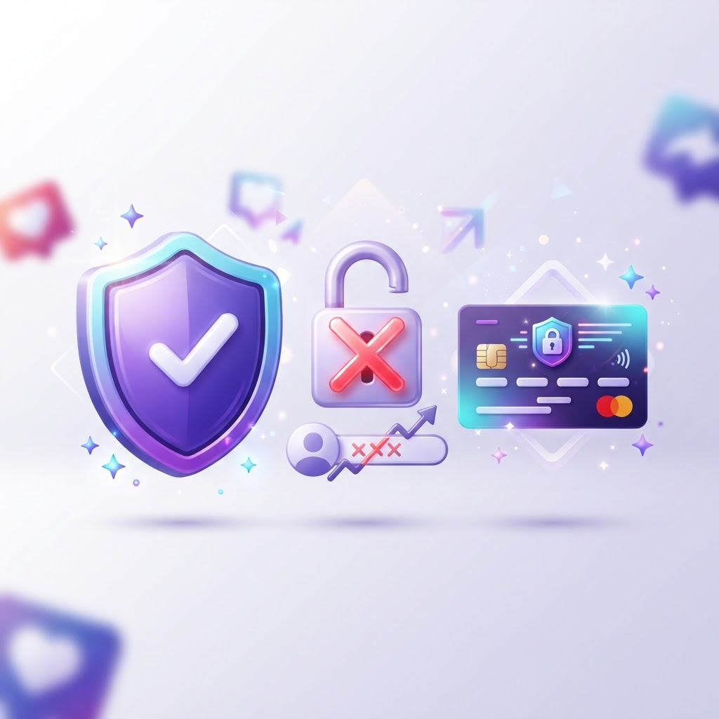 Infographic of a security shield, no-password padlock, and encrypted checkout representing safe social media growth